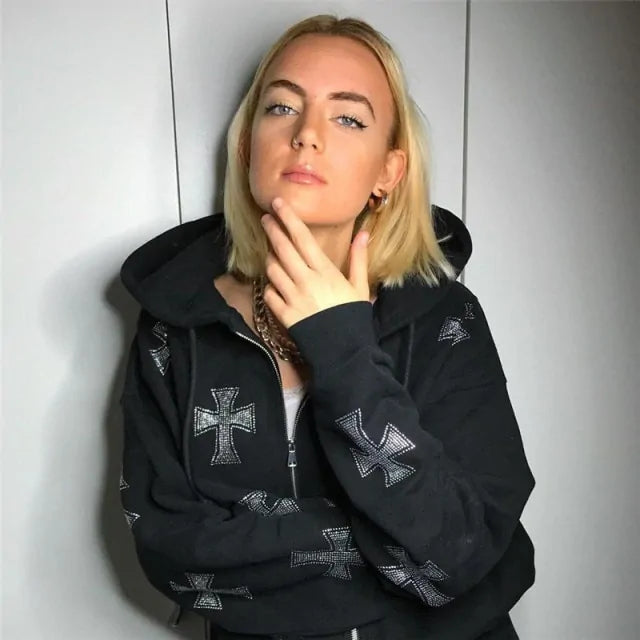 Women Rhinestone Zip Up Hoodie