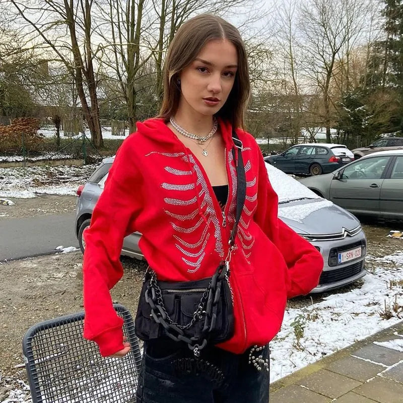 Women Rhinestone Zip Up Hoodie