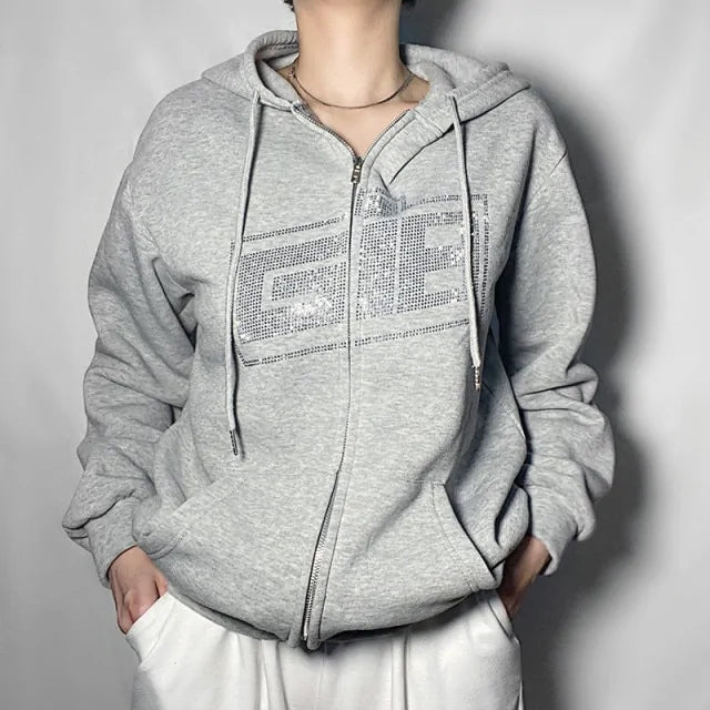 Women Rhinestone Zip Up Hoodie