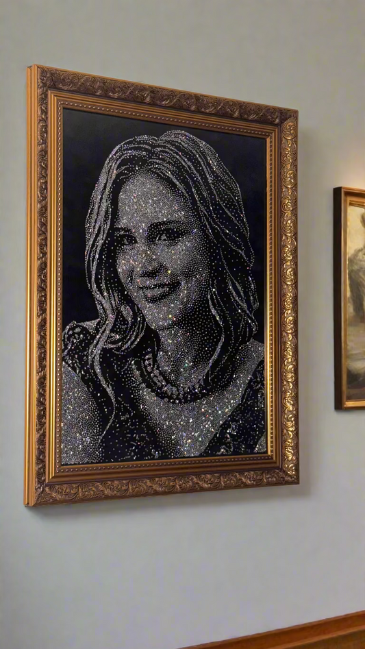 Framed portrait of a woman made from rhinestones on a wall.