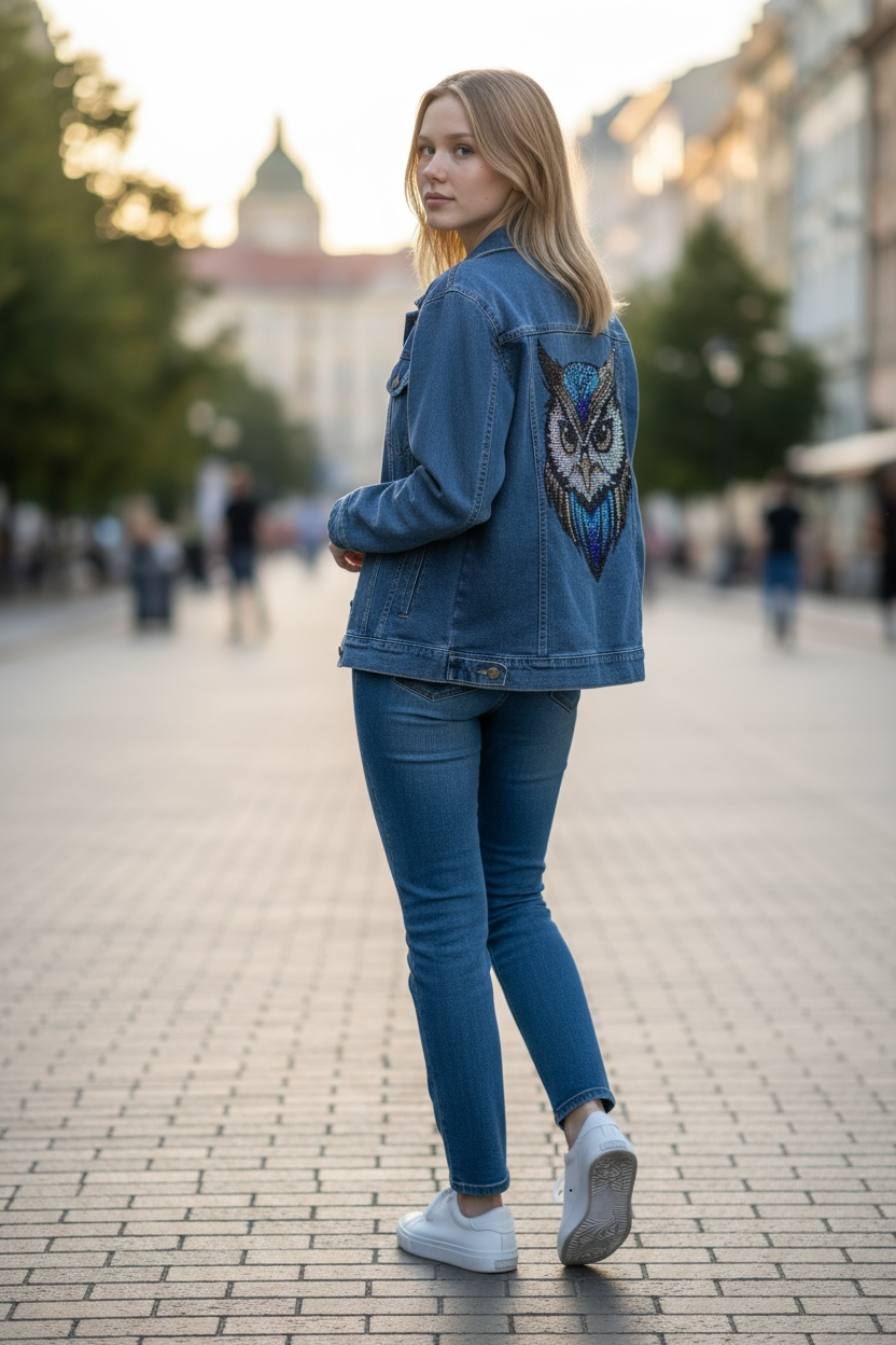 Owl Rhinestone Denim Jacket