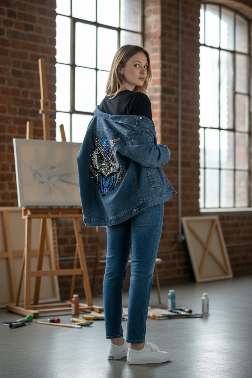 Owl Rhinestone Denim Jacket