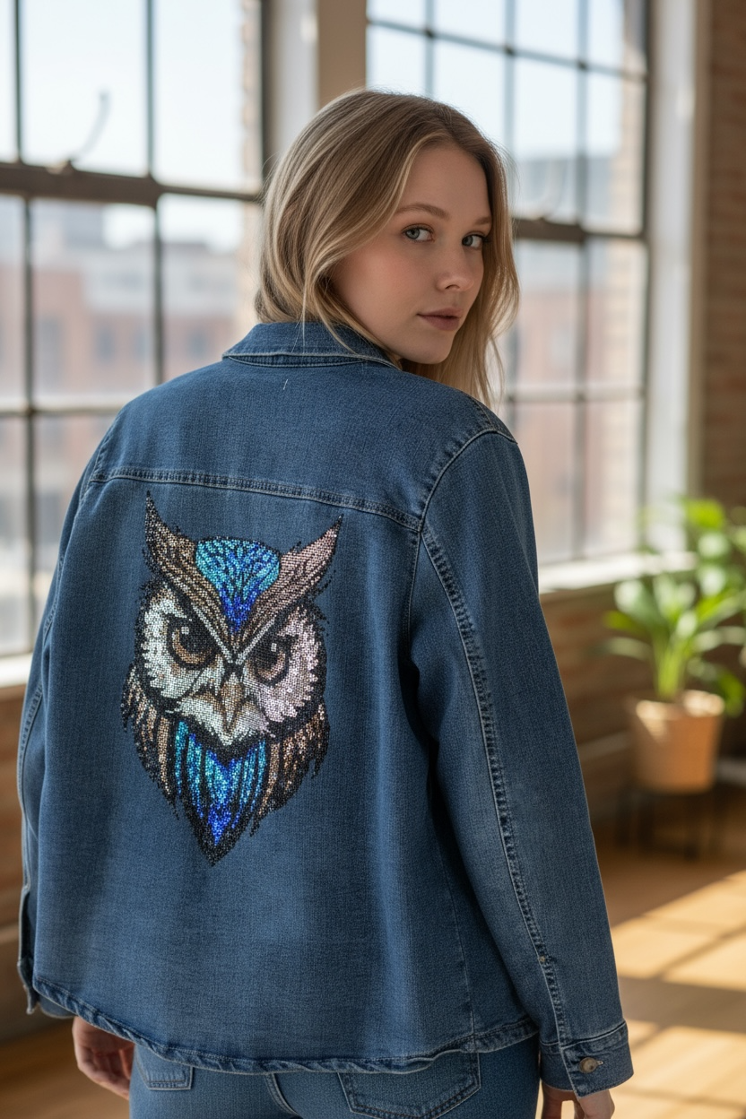 Owl Rhinestone Denim Jacket