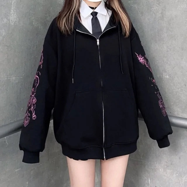 Women Rhinestone Zip Up Hoodie