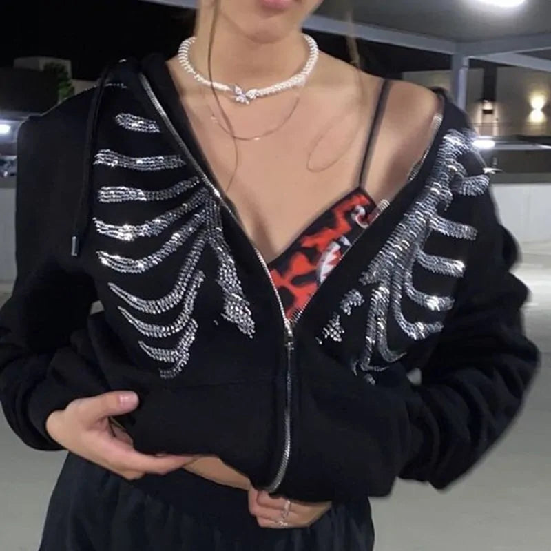 Women Rhinestone Zip Up Hoodie