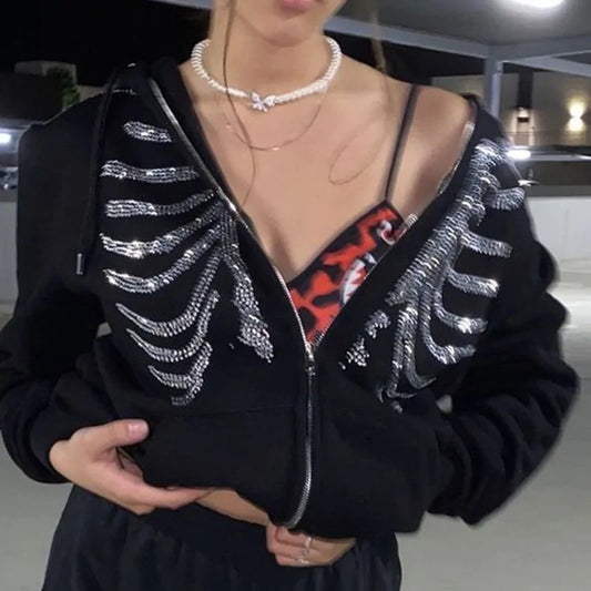 Women Rhinestone Zip Up Hoodie