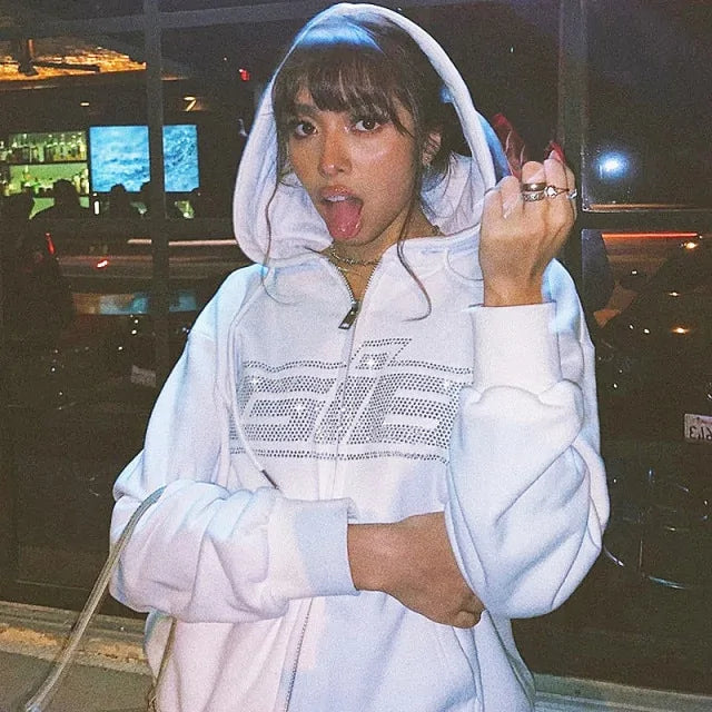 Women Rhinestone Zip Up Hoodie