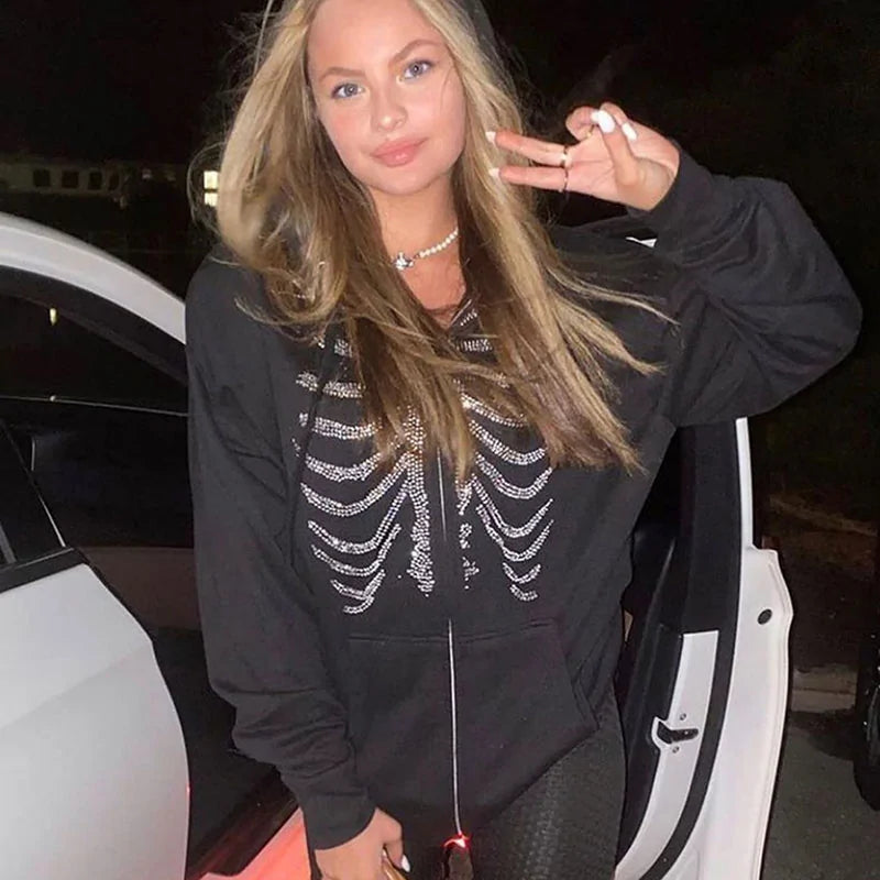 Women Rhinestone Zip Up Hoodie